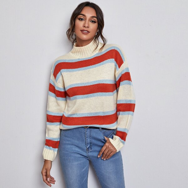 

High Neck Drop Shoulder Colorblock Sweater, Multicolor