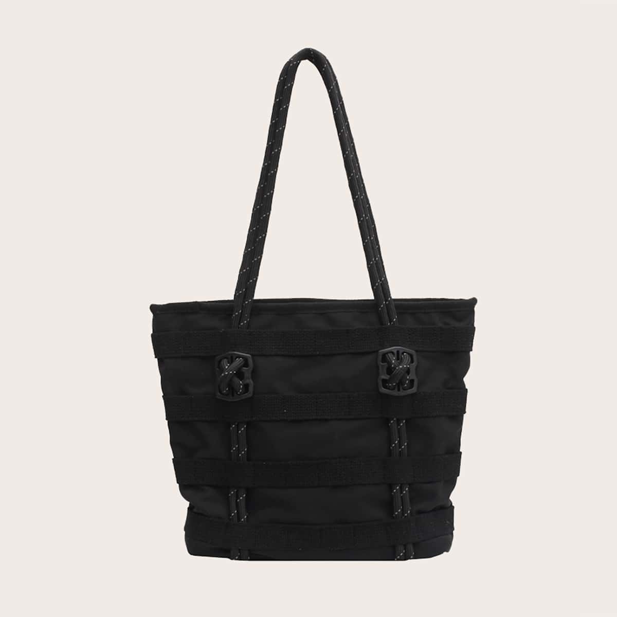 

Solid Strap Decor Tote Bag, Black