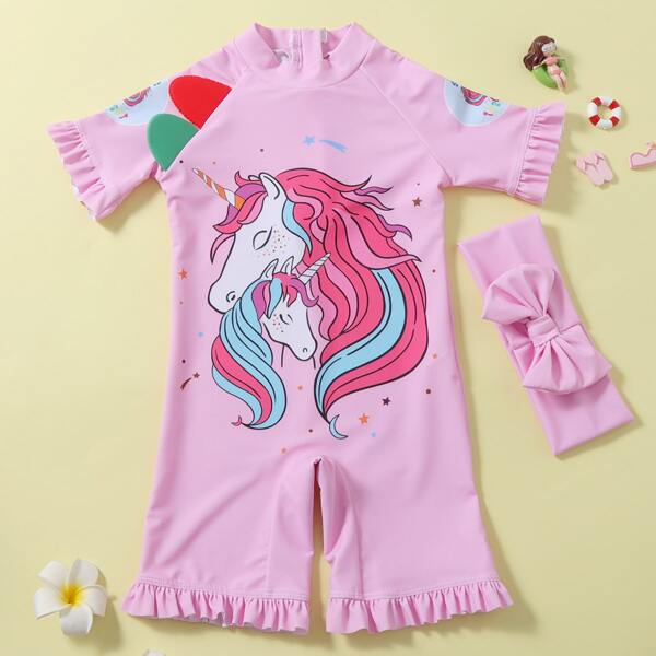 

Toddler Girls Cartoon Unicorn One Piece Swimsuit & Headband, Hot pink