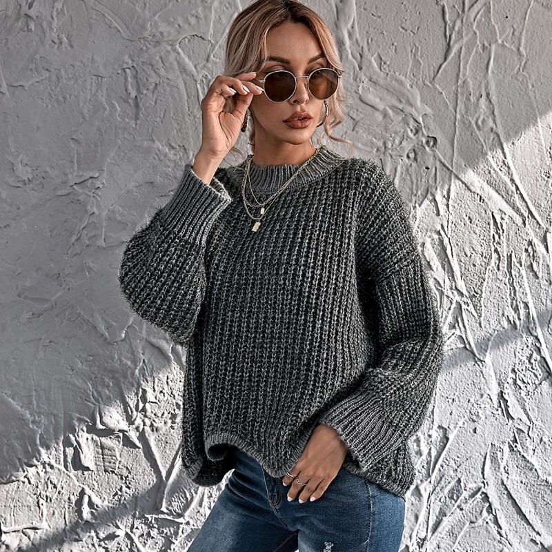 

Ribbed Knit Scallop Hem Drop Shoulder Sweater, Dark grey