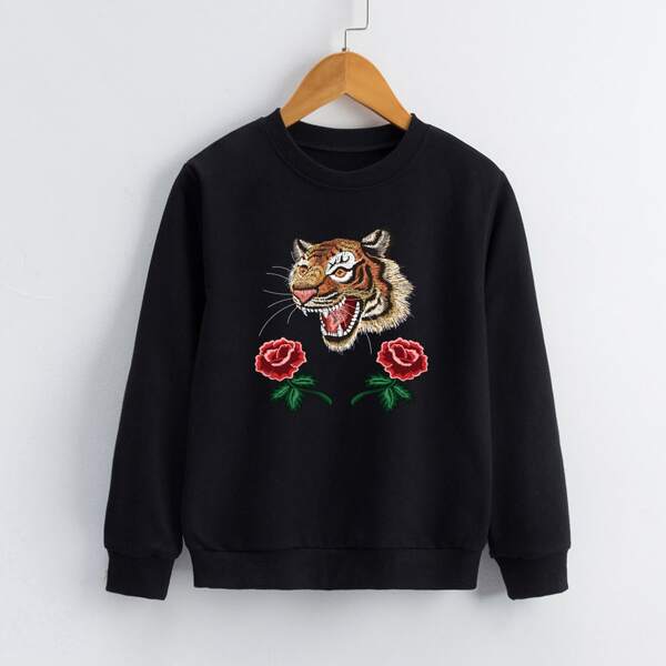

Girls Tiger And Flower Print Sweatshirt, Black