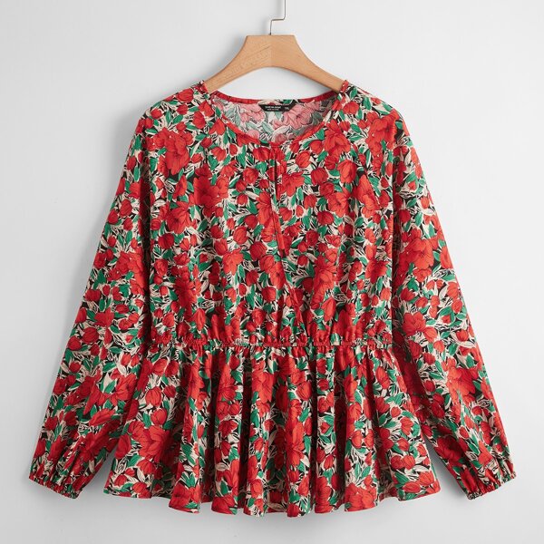 

Plus Allover Floral Print Peplum Blouse, Multicolor