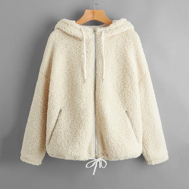 

Solid Zip Up Drawstring Oversized Teddy Jacket, Beige