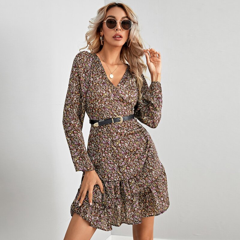 

Ditsy Floral Ruffle Hem Dress Without Belt, Multicolor