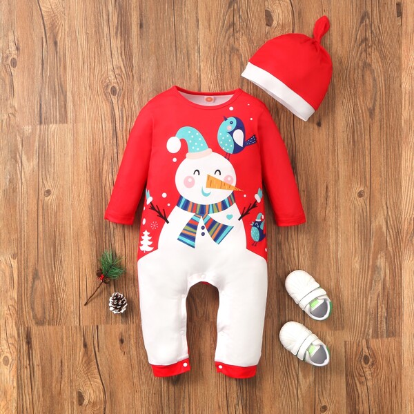 

Baby Unisex Snowman Print Jumpsuit With Hat, Red and white