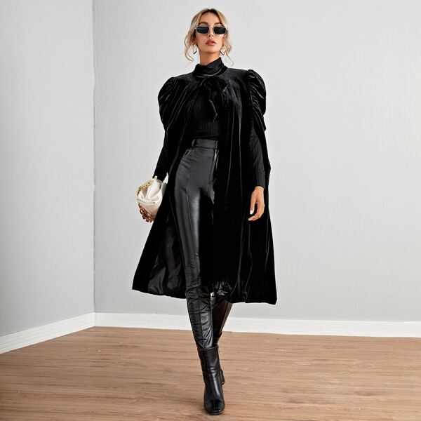 

Tie Front Puff Sleeve Velvet Cape Coat, Black