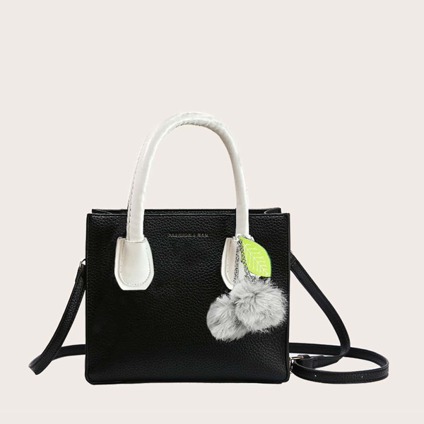 

Pom-pom Charm Satchel Bag, Black