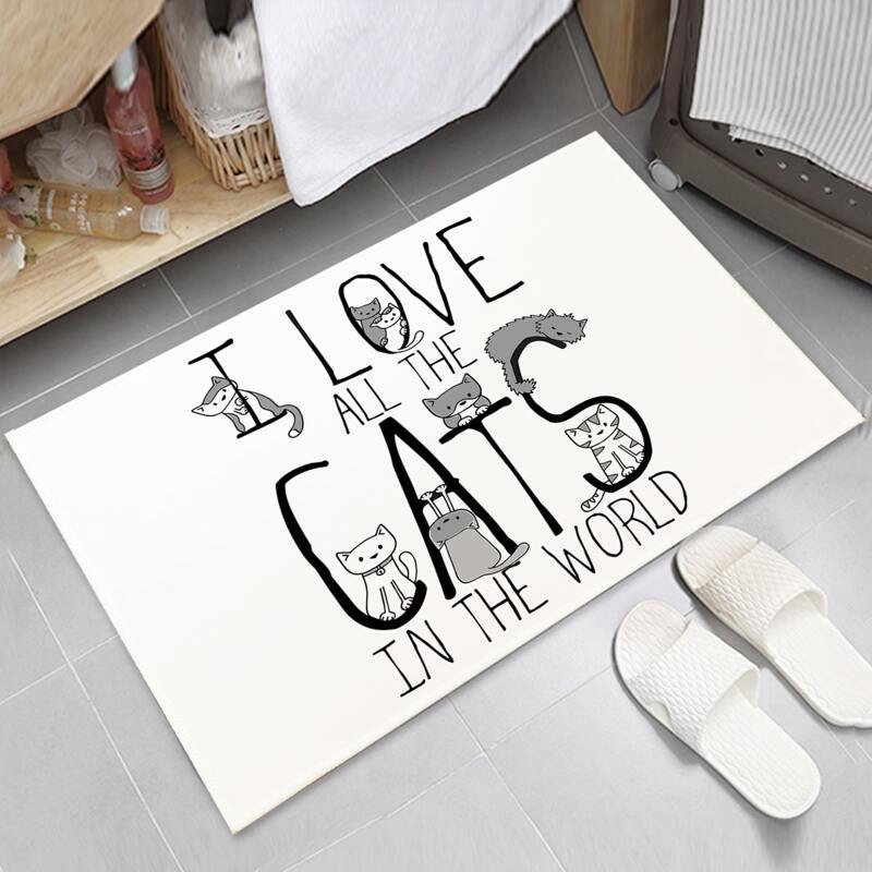 

Cartoon Cat Print Floor Mat, Black and white