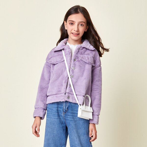 

Girls Single Breasted Flap Detail Teddy Jacket, Lilac purple