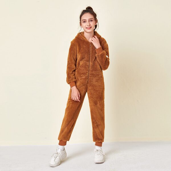 

Girls Patch Detail Zipper Front Teddy Jumpsuit, Brown