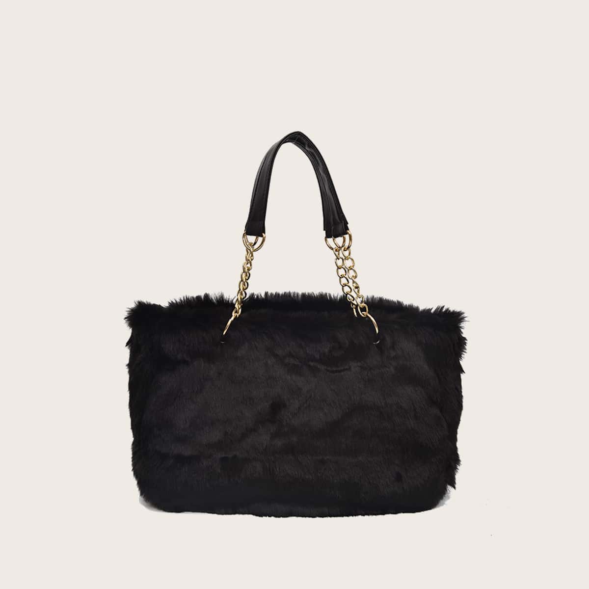 

Solid Fluffy Chain Tote Bag, Black