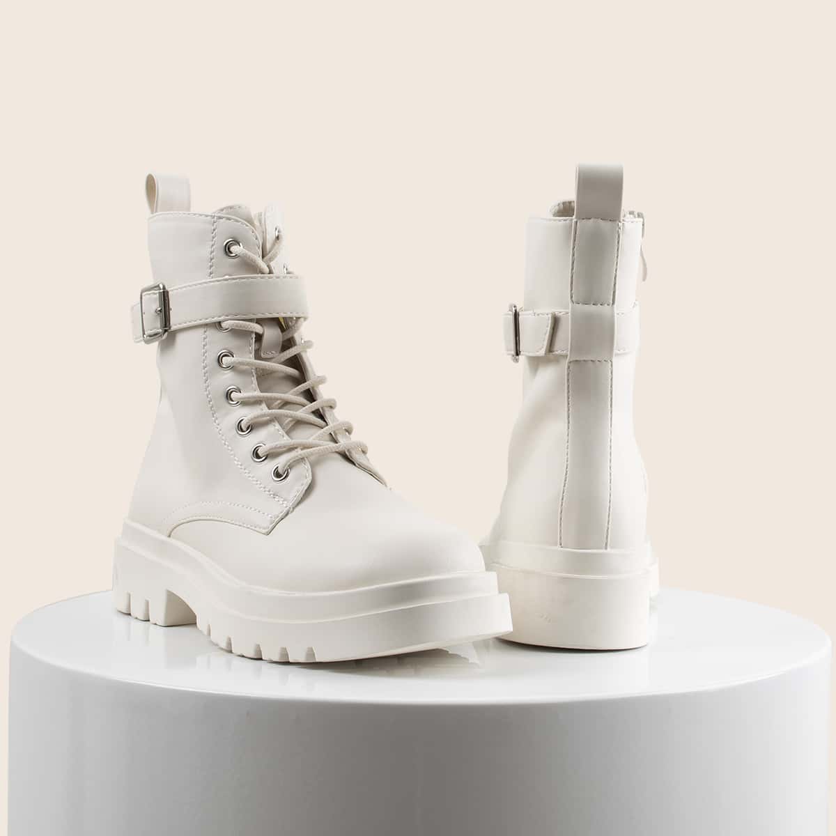 

Buckle Decor Lace-up Front Combat Boots, White