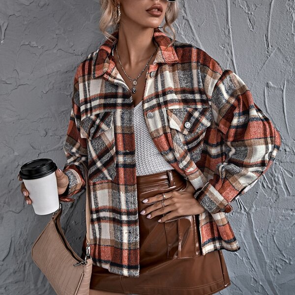 

Plaid Flap Pocket Oversized Overcoat, Multicolor