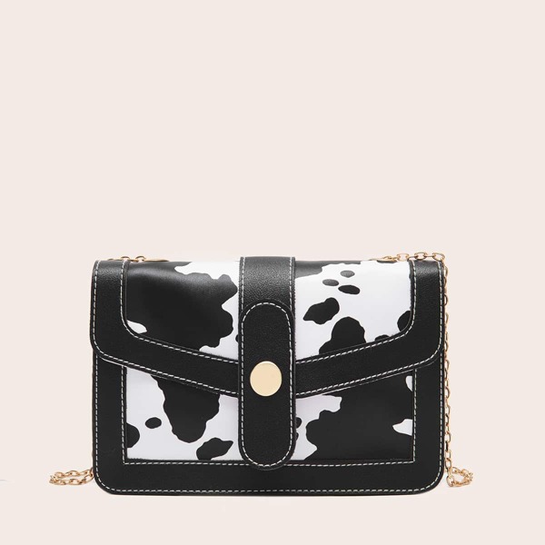 

Cow Pattern Chain Crossbody Bag, Black and white