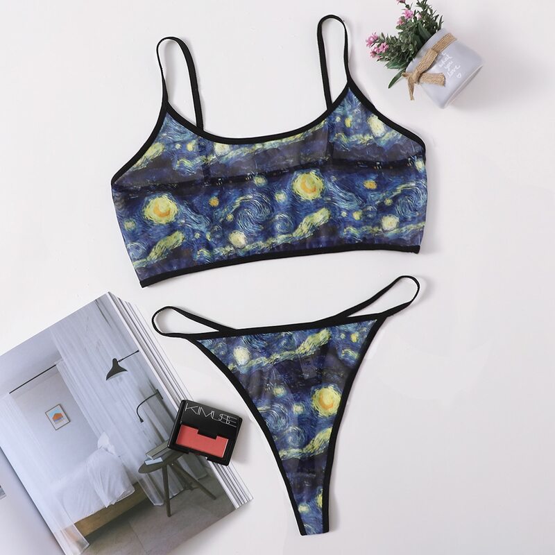 

Oil Painting Print Mesh Sheer Lingerie Set, Multicolor