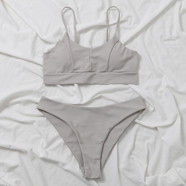 

Plain Adjustable Strap Bikini Swimsuit, Light grey