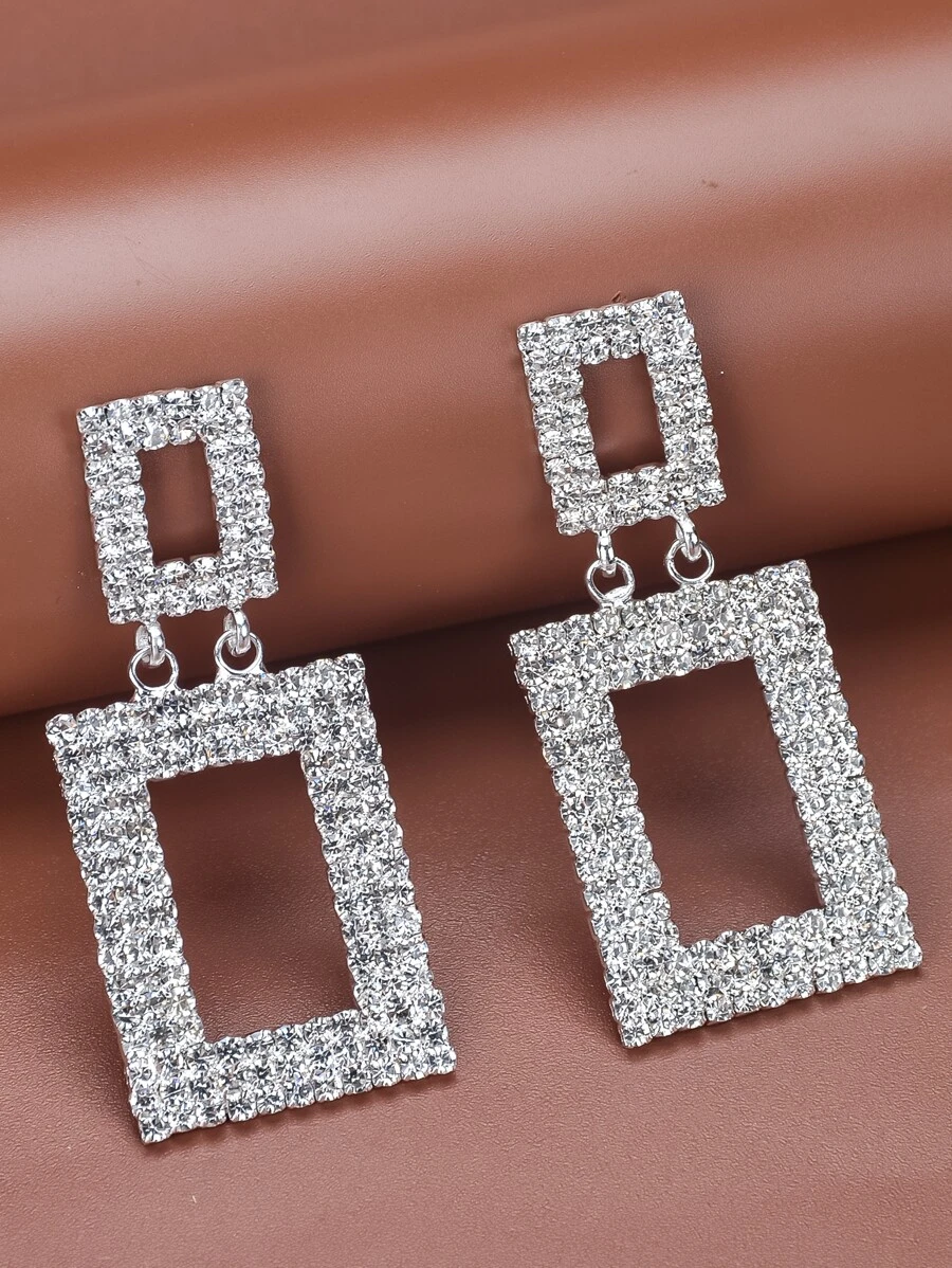 水鑽幾何耳墜 - 銀色 - 查看 1