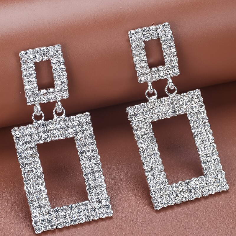 

Rhinestone Geo Drop Earrings, Silver