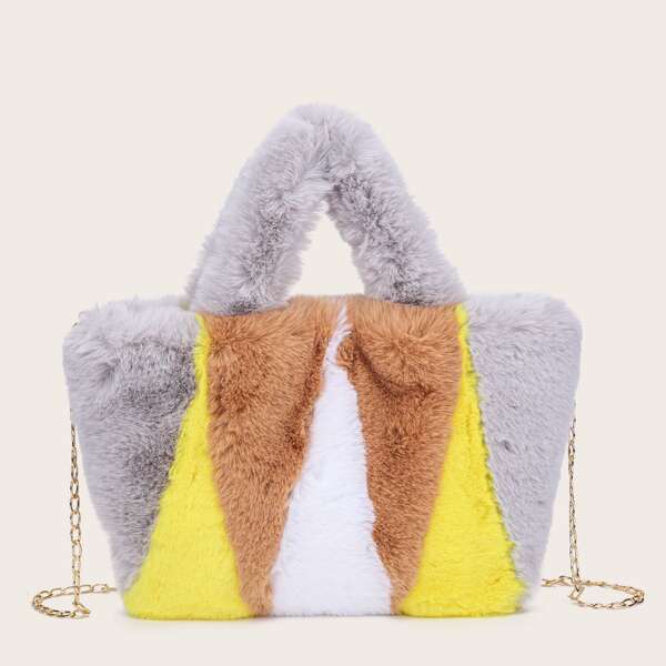 

Colorblock Fluffy Tote Bag, Multicolor