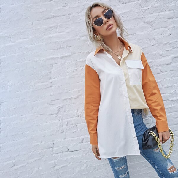 

Drop Shoulder Colorblock Longline Blouse, Multicolor