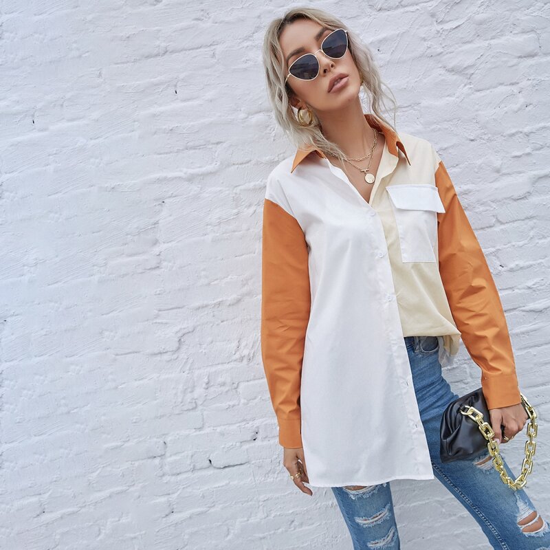 

Drop Shoulder Colorblock Longline Blouse, Multicolor