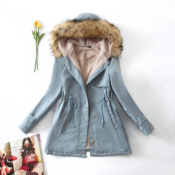 

Teddy Lined Drawstring Parka Coat, Dusty blue