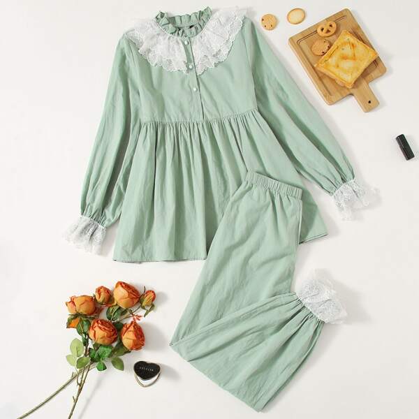 

Frilled Neck Lace Trim Buttoned Peplum Top & Pants PJ Set, Mint green