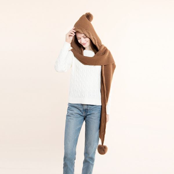

Pom Pom Decor Knit Hooded Scarf, Khaki