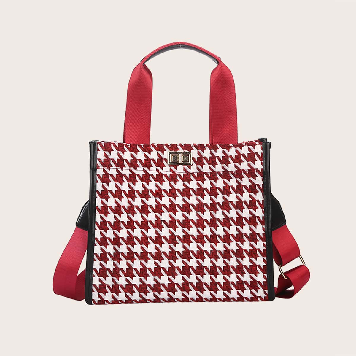 

Houndstooth Twist Lock Satchel Bag, Red and white