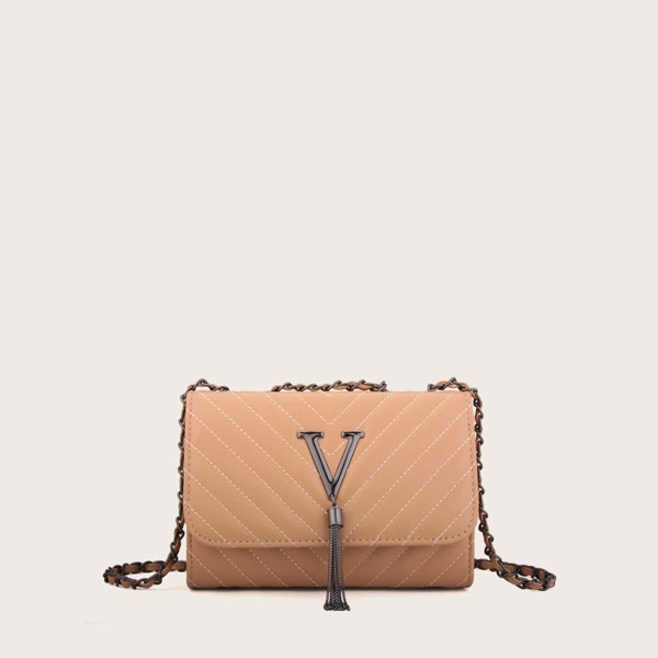 

Metal Tassel Decor Chevron Shoulder Bag, Brown