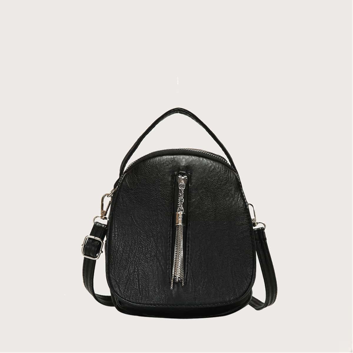 

Metal Tassel Zip Satchel Bag, Black