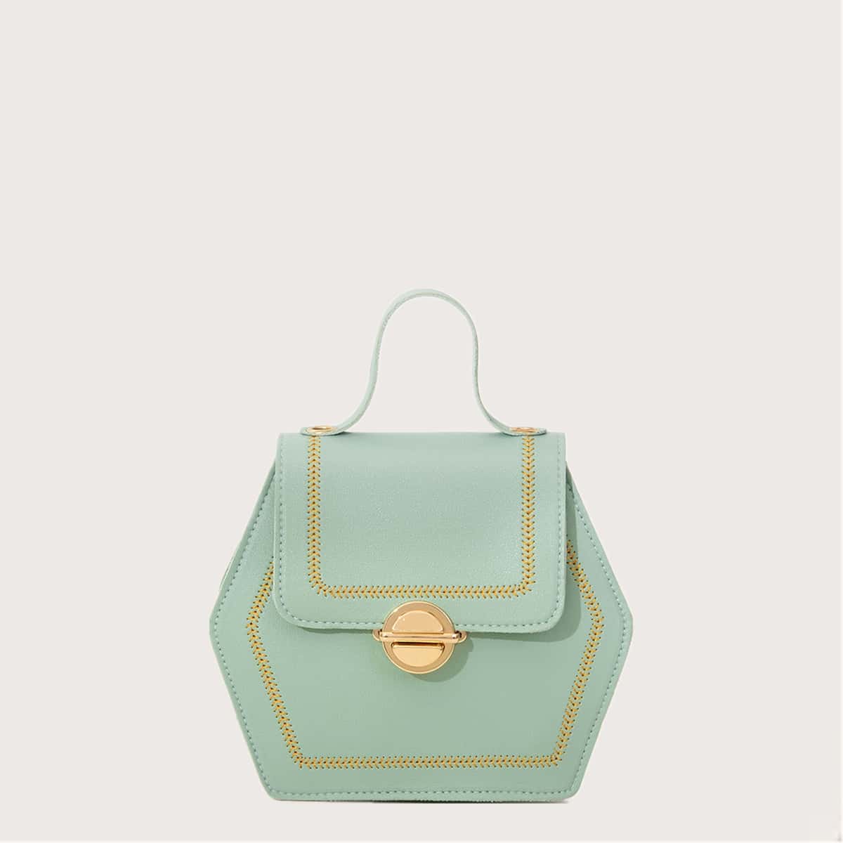 

Embroidery Trim Hexagon Satchel Bag, Pastel mint green