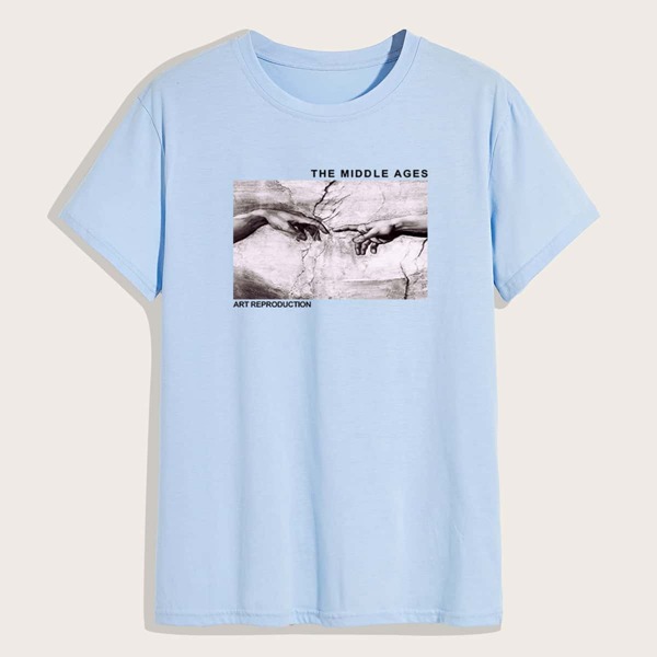 

Men Letter & Figure Graphic Tee, Baby blue