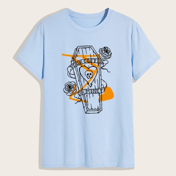 

Men Coffin And Floral Print Tee, Baby blue