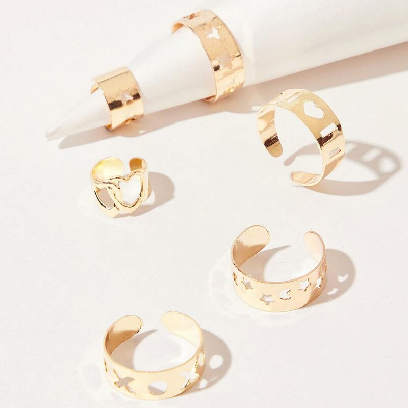 

6pcs Hollow Star & Heart Ring, Gold