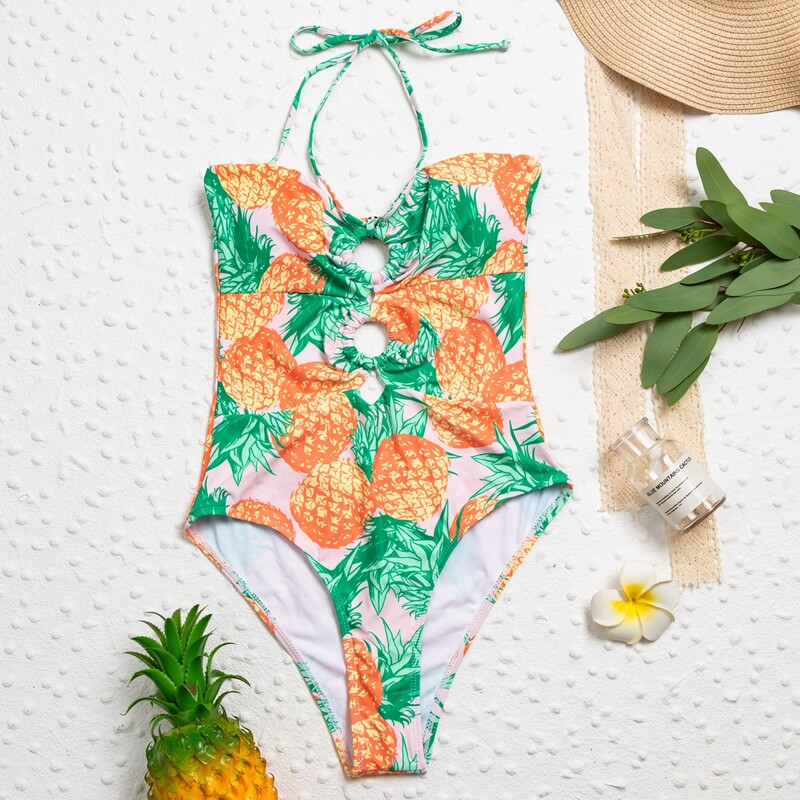 

Pineapple Print Halter One Piece Swimsuit, Multicolor