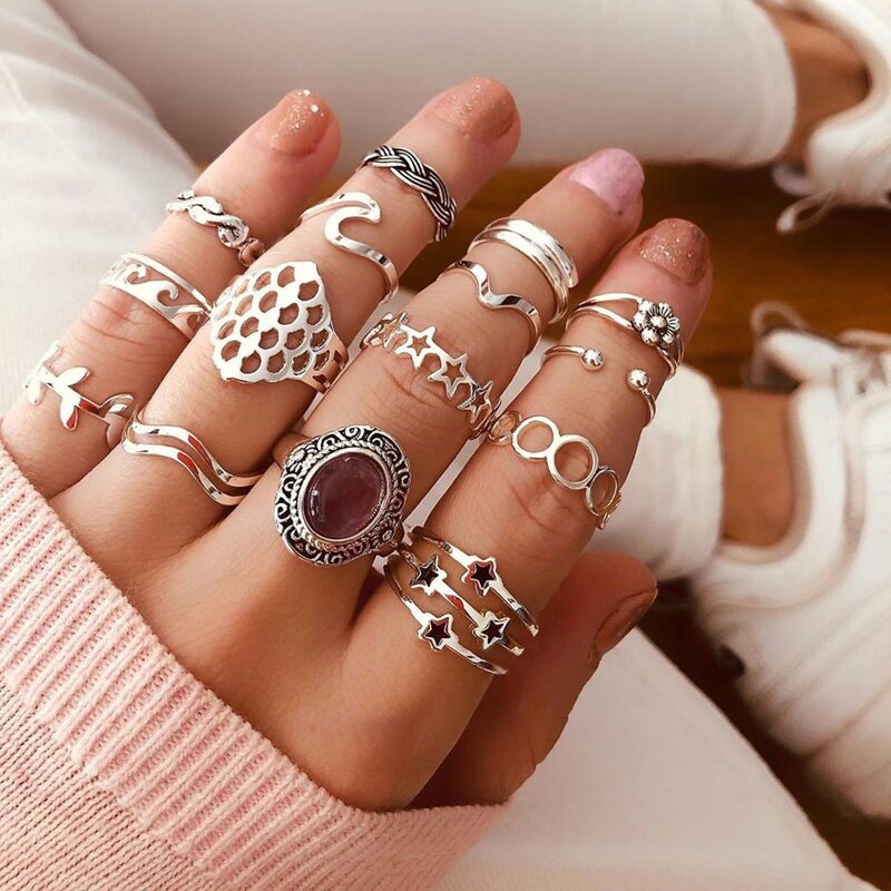 

17pcs Star Decor Ring, Antique silver