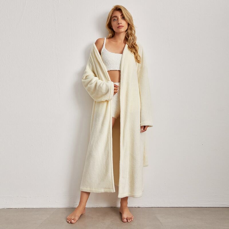 

Drop Shoulder Self Tie Flannel Lounge Robe, Beige