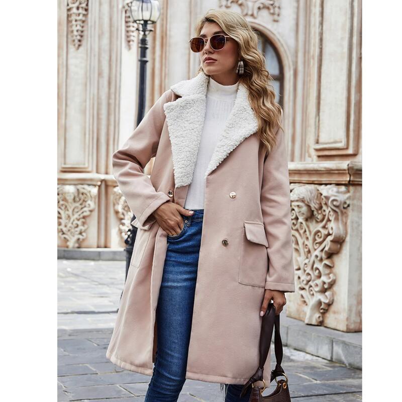 

Contrast Teddy Lapel Collar Double Breasted Overcoat, Apricot