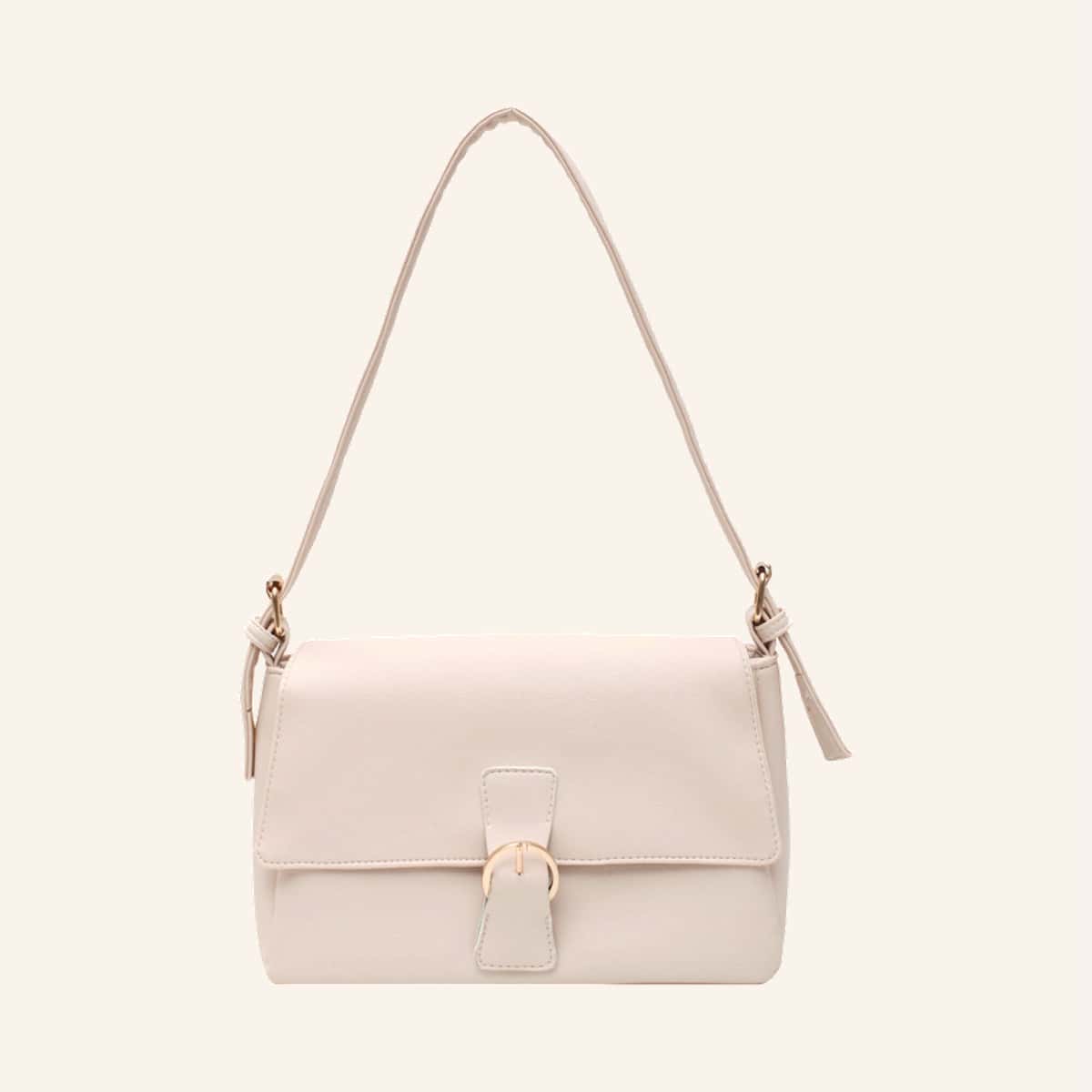 

Solid Buckle Flap Shoulder Bag, Beige