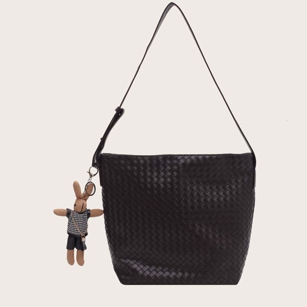 

Woven Shoulder Bag With Bag Charm, Coffee brown