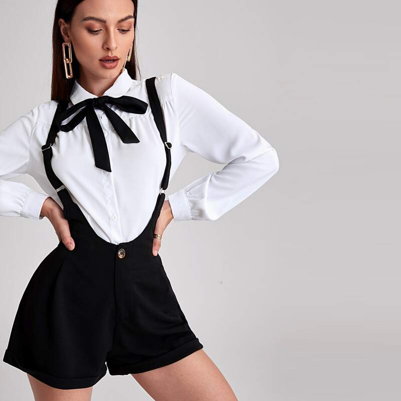 

Tie Front Blouse With Suspender Shorts, Black and white