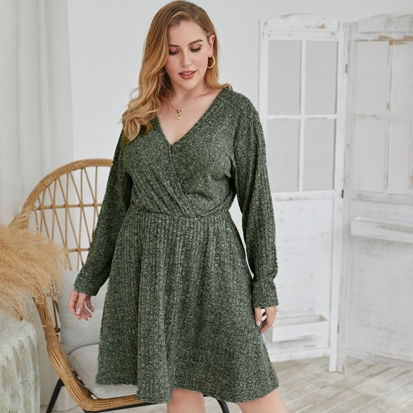 

Plus Space Dye Surplice Front Swing Dress, Army green