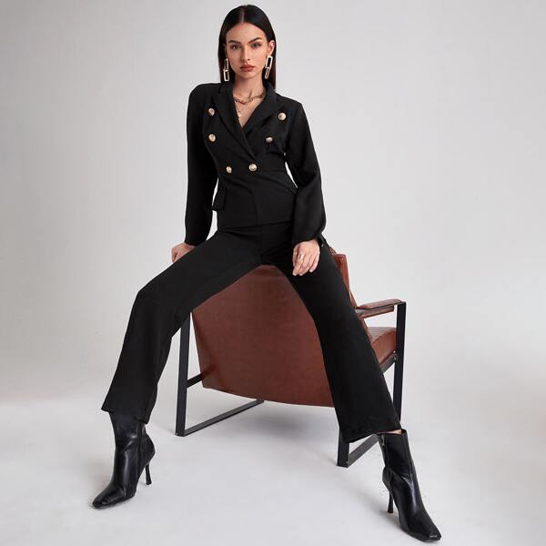 

Double Button Shirt Jumpsuit Without Belted, Black