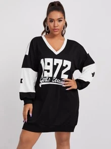 SHEIN Coolane Plus Contrast Panel Letter Graphic Sweatshirt Dress - Black - View 3
