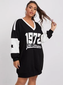 SHEIN Coolane Plus Contrast Panel Letter Graphic Sweatshirt Dress - Black - View 5