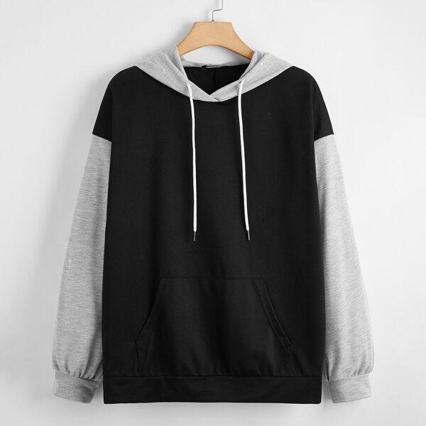 

Plus Kangaroo Pocket Contrast Sleeve Drawstring Hoodie, Black
