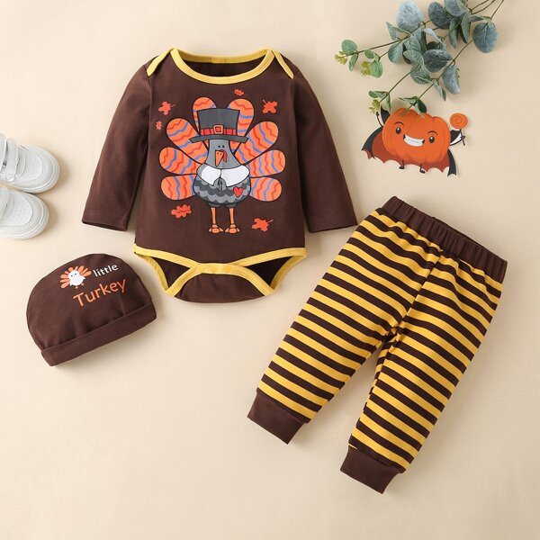 

Baby Boy Cartoon Turkey Print Bodysuit & Striped Sweatpants & Hat, Coffee brown