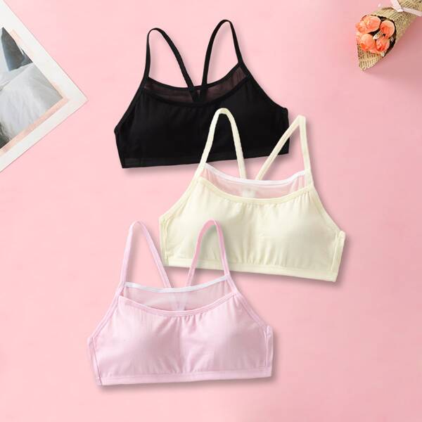 

Girls 3pcs Contrast Mesh Bralette, Multicolor