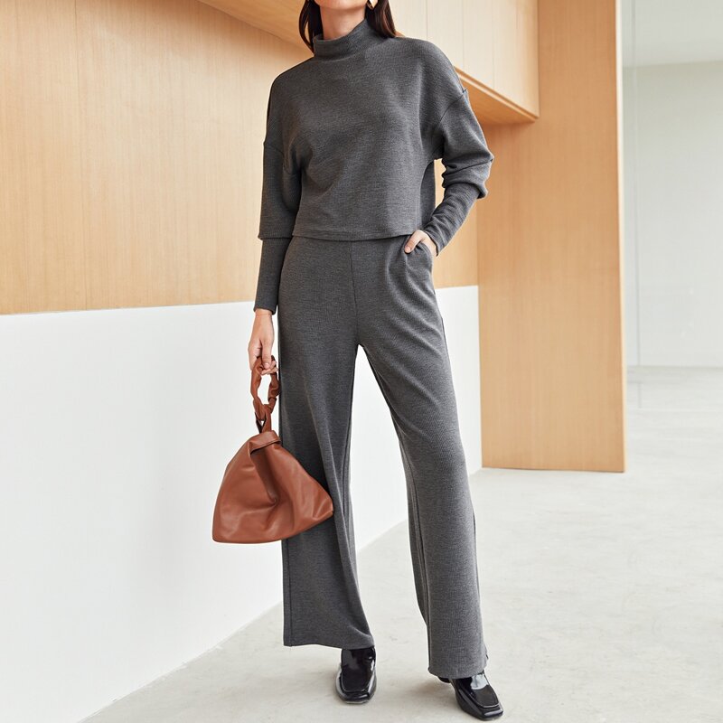 

Mock Neck Drop Shoulder Rib-knit Tee & Pants Set, Dark grey